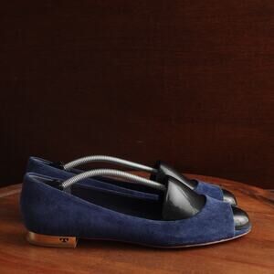 Tory Burch Shoes Womens SZ 10M Blue Salinas Ballet Peep Toe Suede Modern Flats